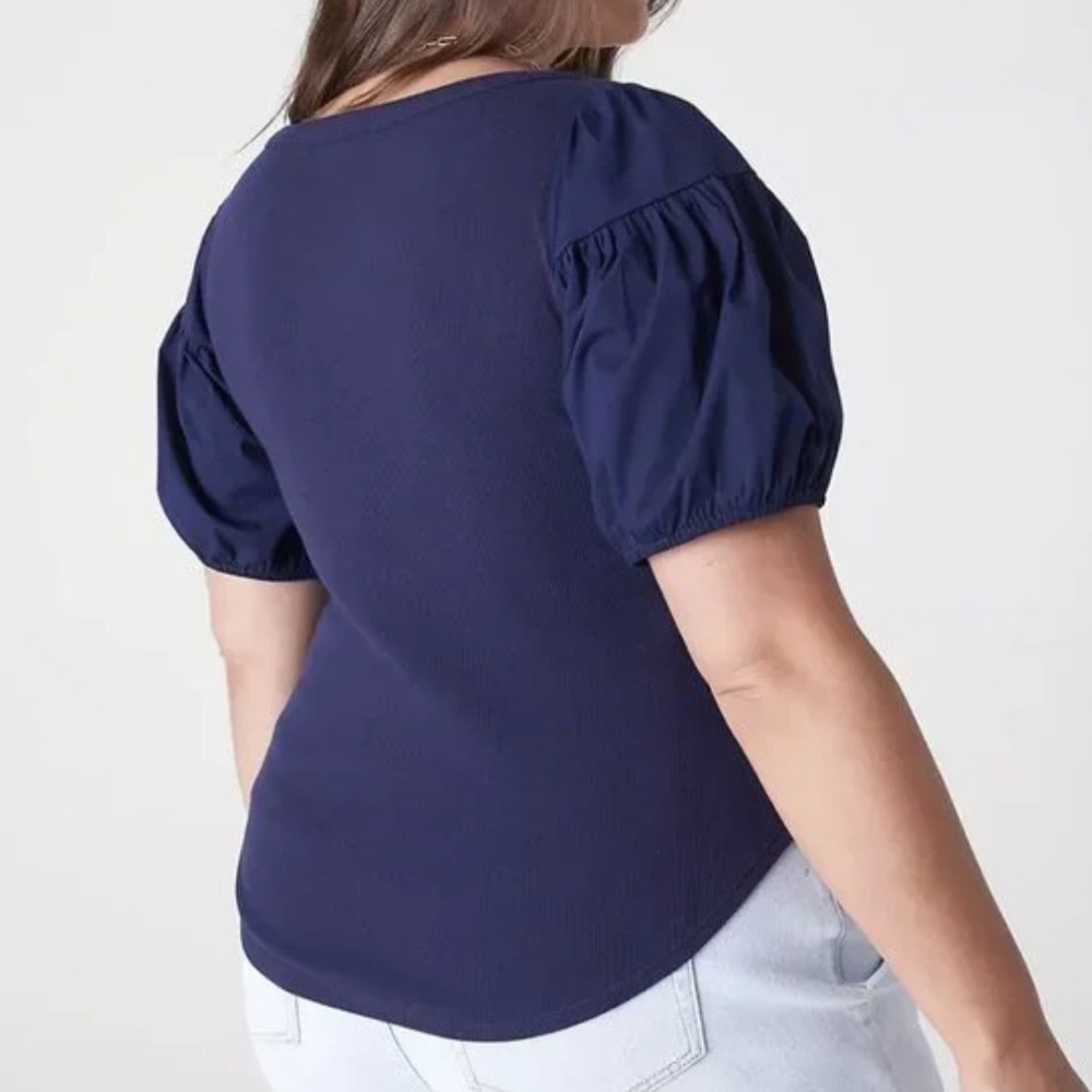 Lane Bryant ribbed top with puff sleeves navy blue 10/12 - Picture 2 of 11